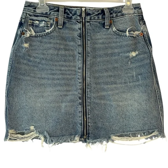 Abercrombie & Fitch Distressed Blue Denim Full Zip Mini Skirt Preppy Edgy Y2K - Picture 2 of 8